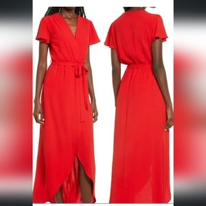 Fraiche High/Low Faux Wrap Red Dress